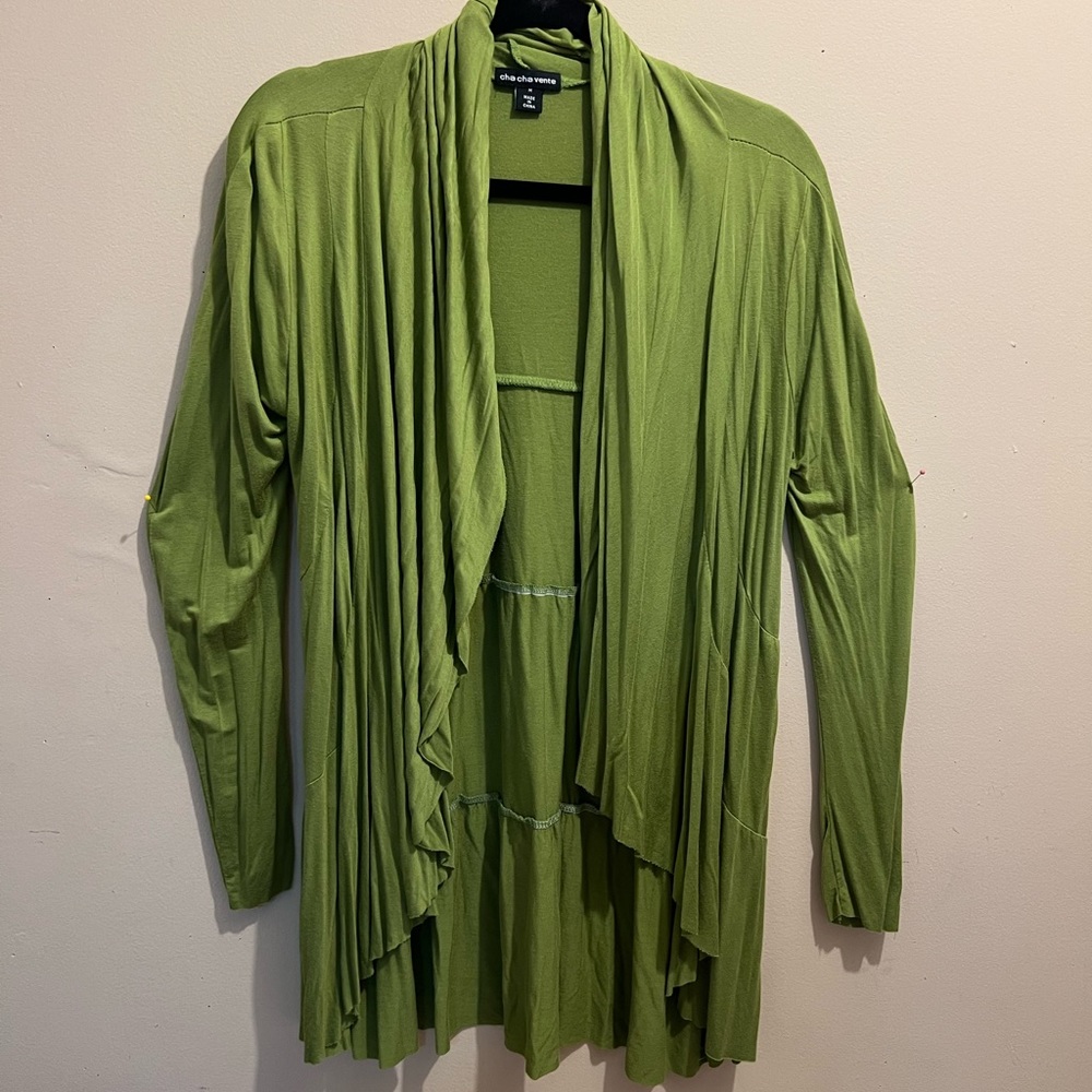 cardigan, sage green, tiered effect, shawl-collar, LS, lightweight